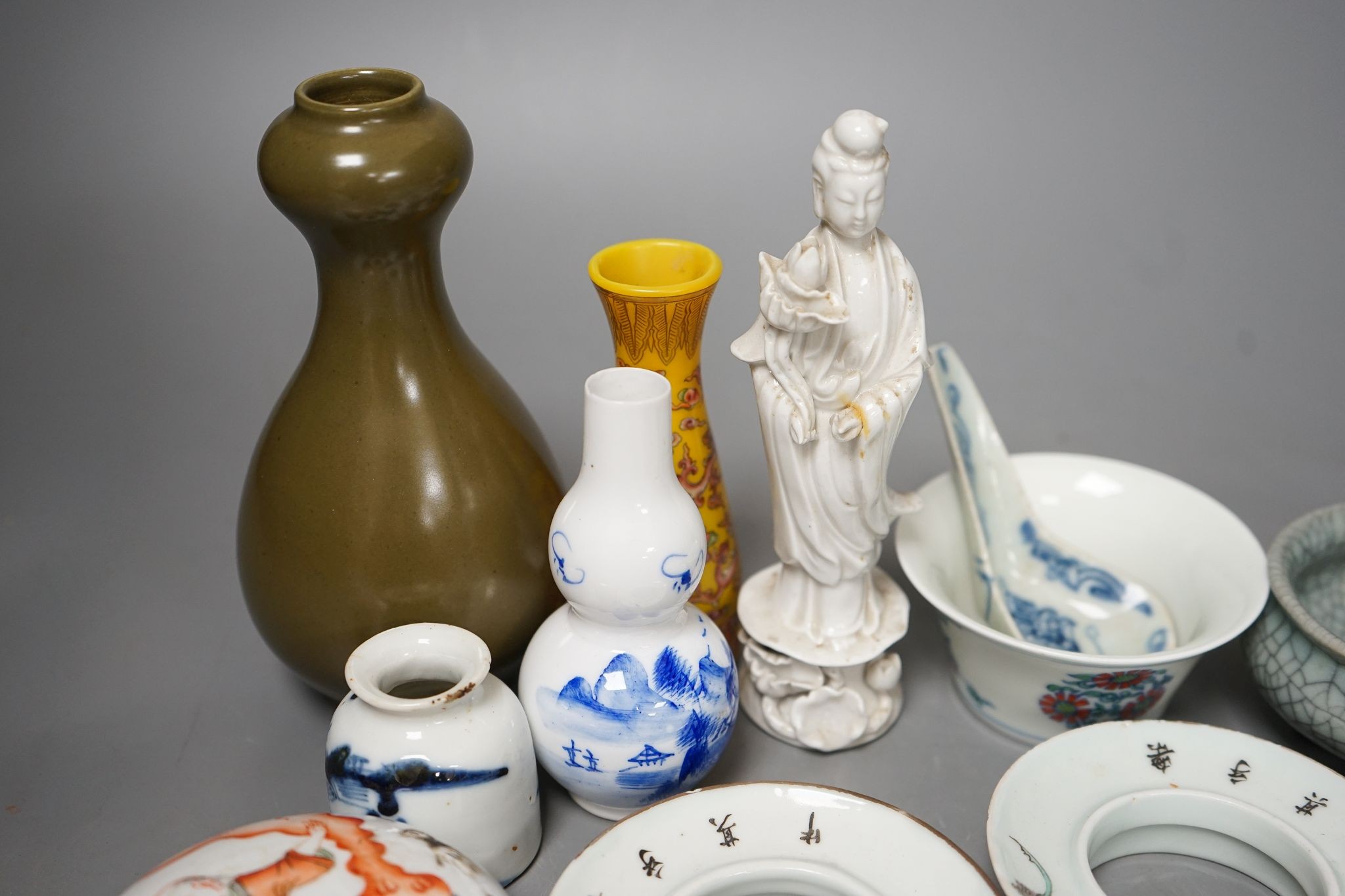 A group of Chinese ceramics including a tea dust vase, blanc de chine figure, famille rose box and cover etc., tallest 16cm